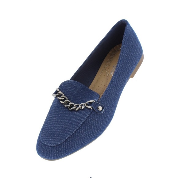 💜Blue Demin Almond Toe Silver Chain Loafer Flat - Picture 1 of 1